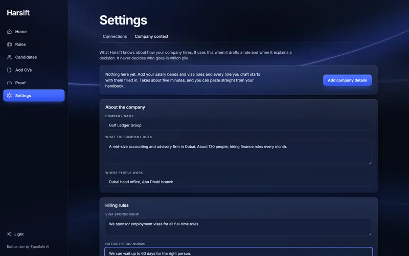 Settings, Company context: company name, what the company does, where people work and hiring rules, filled in.