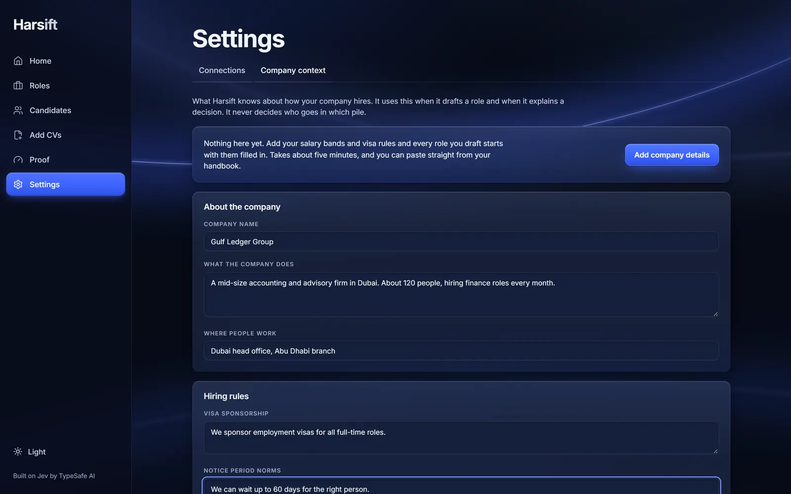 Settings, Company context: company name, what the company does, where people work and hiring rules, filled in.