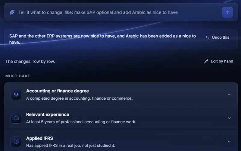 Tell it what to change: the AI made SAP nice to have and added Arabic, with Undo this.