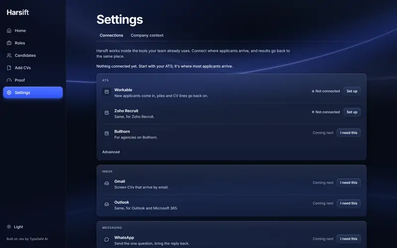 Settings, Connections: Workable and Zoho Recruit ready to set up, Bullhorn, Gmail, Outlook and WhatsApp next.