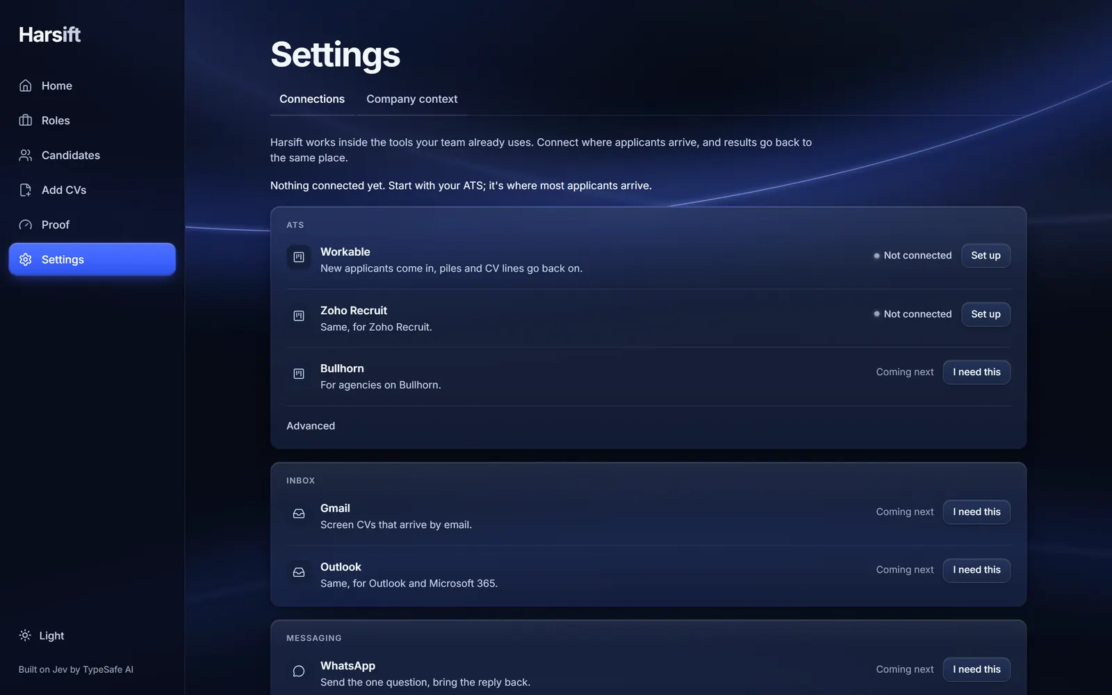 Settings, Connections: Workable and Zoho Recruit ready to set up, Bullhorn, Gmail, Outlook and WhatsApp next.